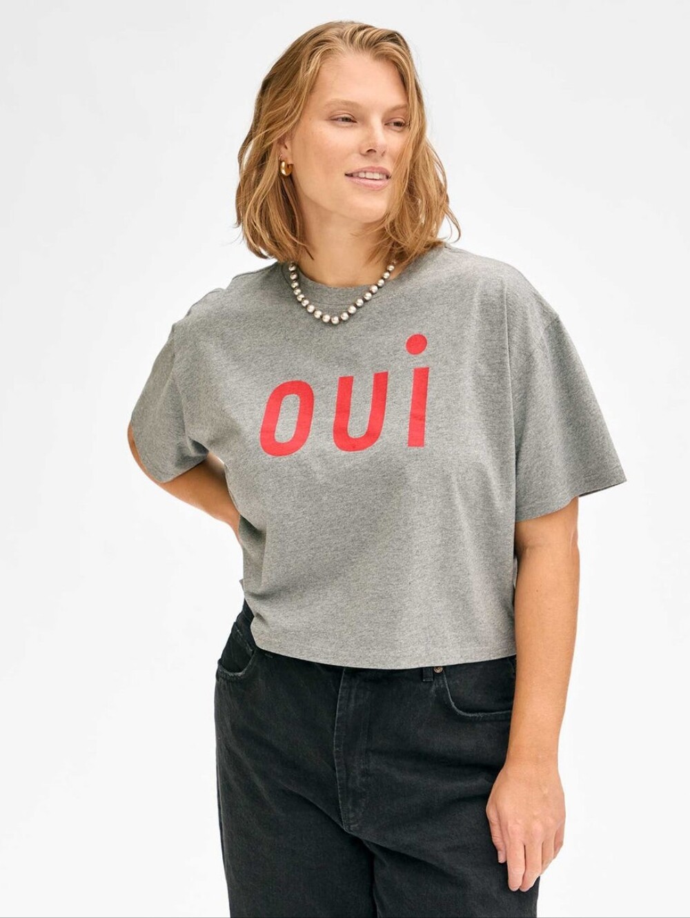 Clare V. Le Carré Tee in Grey Melange With Bright Poppy Oui